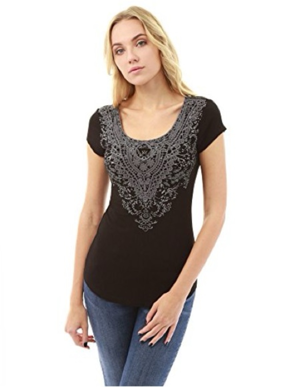 PattyBoutik Black Short Sleeve Scoop Neck Tee with Lavender Crochet